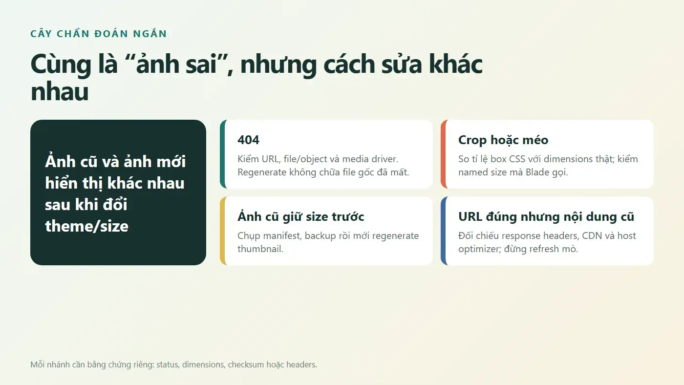 Cây chẩn đoán bốn nhóm lỗi thumbnail: 404, crop sai, size cũ và cache CDN