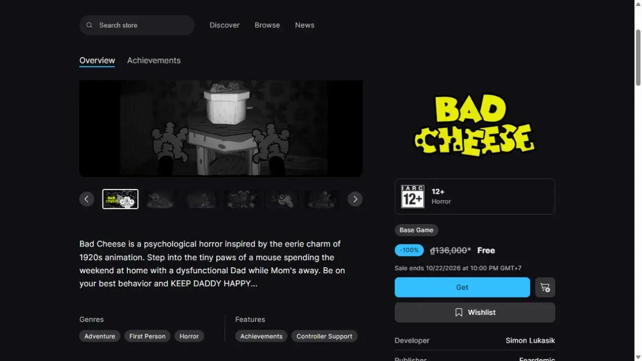 Trang Epic Games Store của Bad Cheese hiển thị Free và hạn 22:00 ngày 22/10/2026 UTC+7