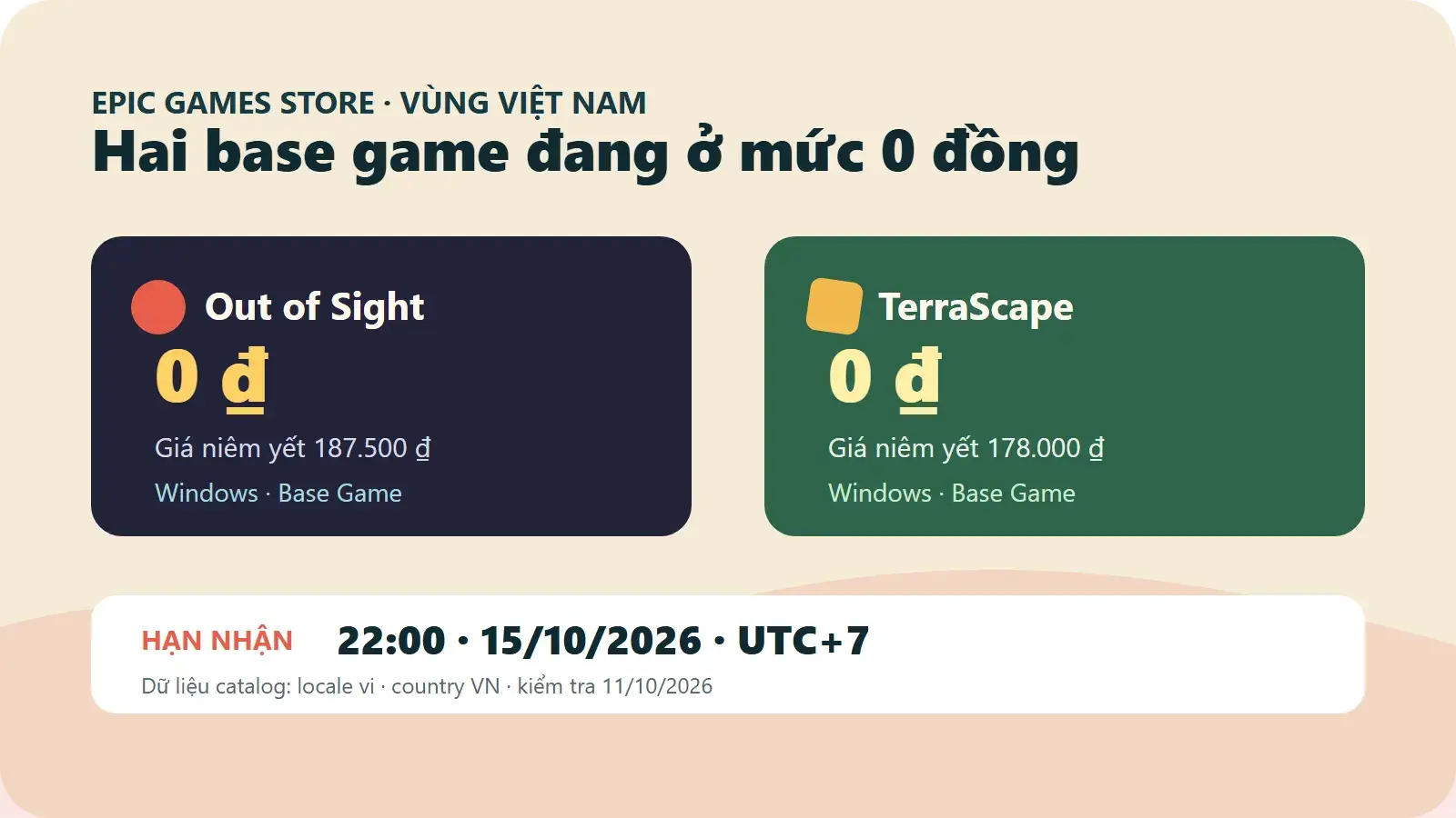 Dữ kiện Epic Games Store Việt Nam: hai game giá 0 đồng và hạn nhận 22 giờ ngày 15 tháng 10