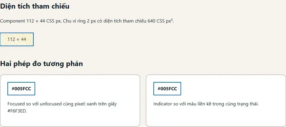 Phép đo component 112 nhân 44 CSS pixel và hai cặp màu tương phản focus