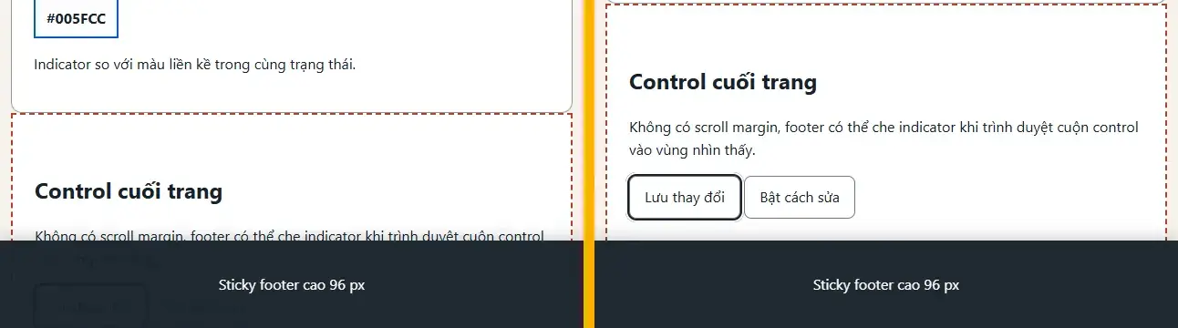 So sánh button bị sticky footer che kín và button được đưa lên bằng scroll margin