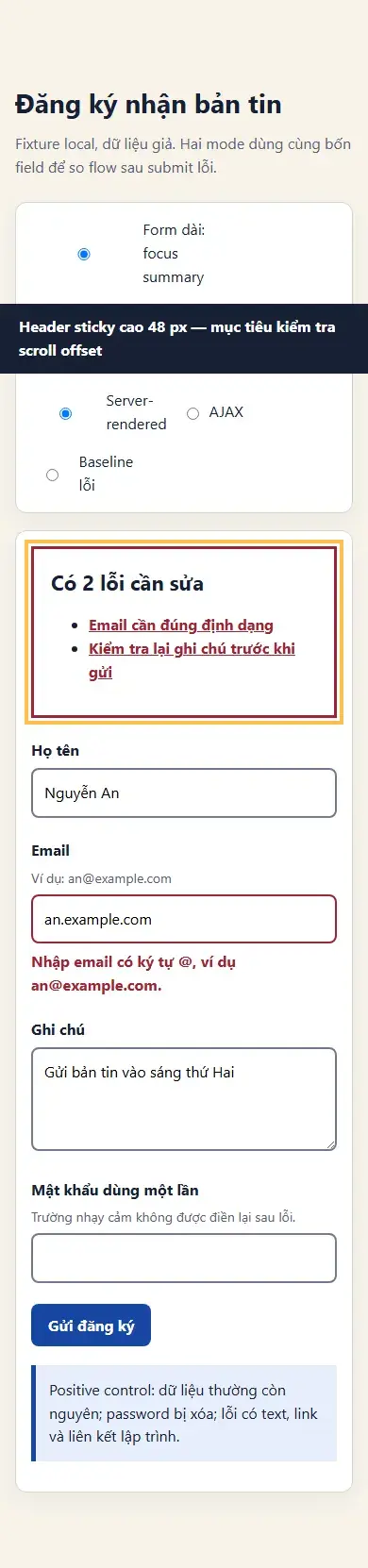 Fixture mobile hiển thị error summary và field lỗi không tràn ngang viewport