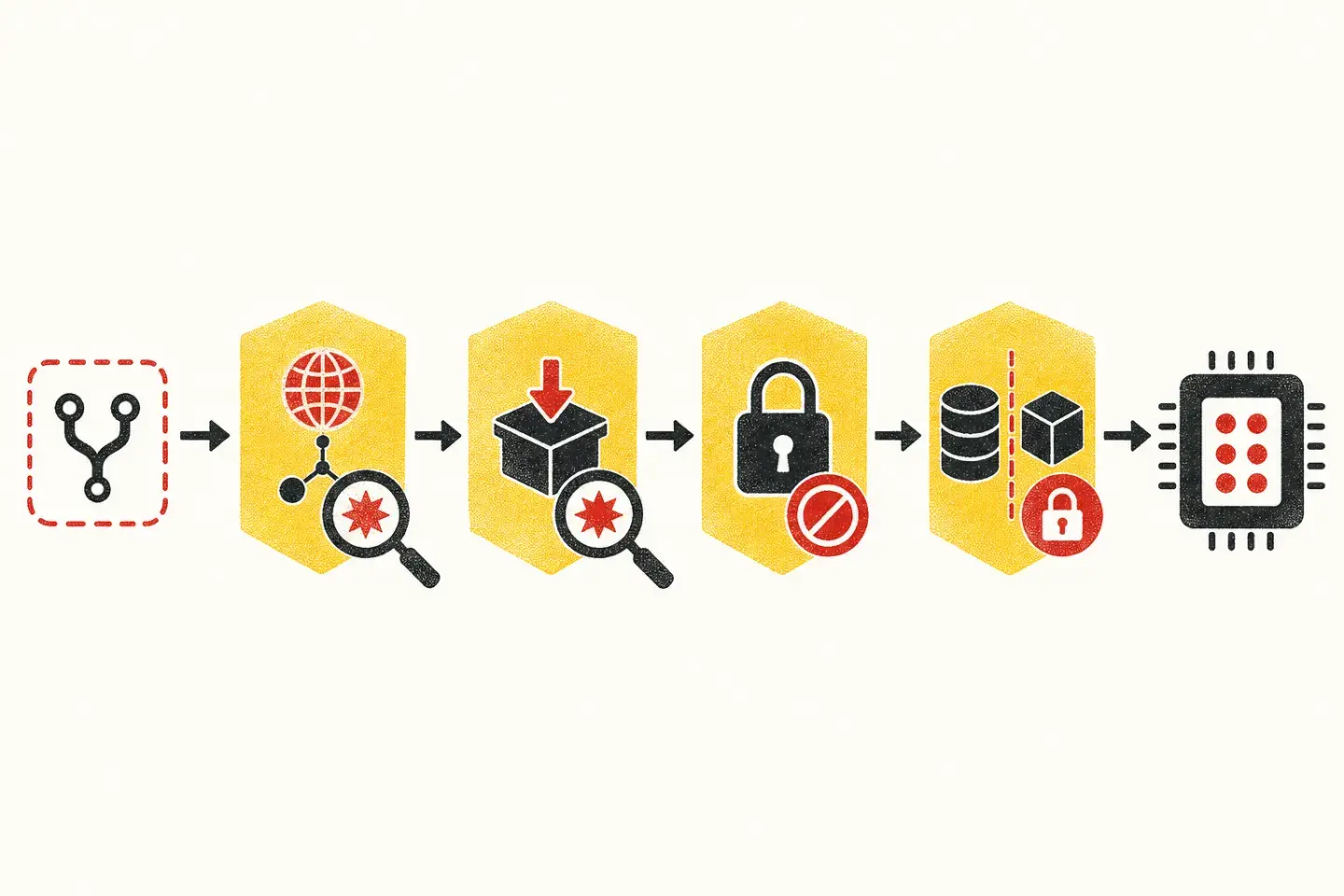 Sơ đồ bốn bước kiểm tra workflow từ pull request trước khi chạy trên CI runner