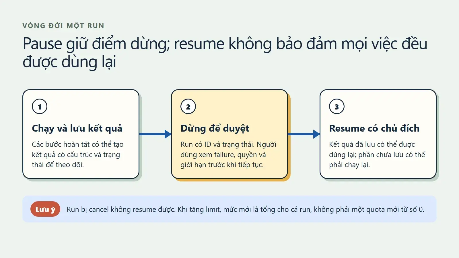 Sơ đồ vòng đời run từ chạy qua checkpoint tới resume có chủ đích