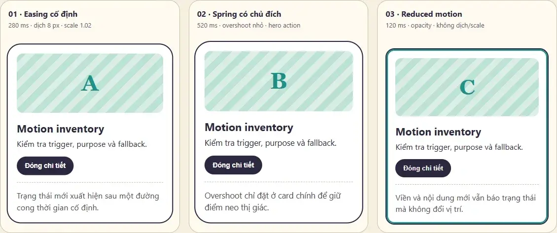 Ba card prototype so sánh easing cố định, spring có chủ đích và reduced motion