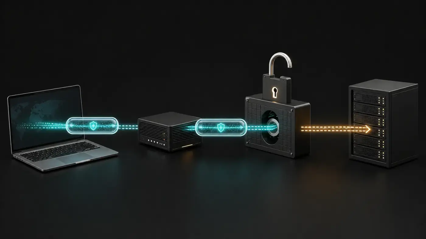 Luồng OHTTP từ client qua relay và gateway tới máy chủ đích