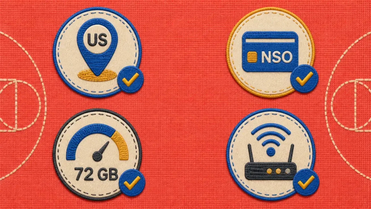 Bốn mục cần kiểm tra gồm region Mỹ, membership NSO, bộ nhớ và Internet