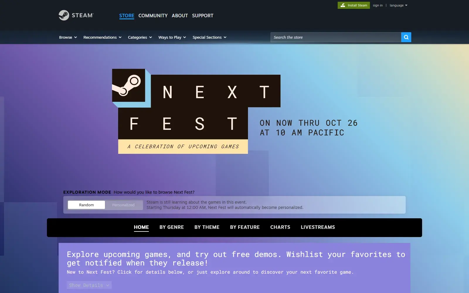 Trang Steam Next Fest tháng 10/2026 đang mở và ghi hạn 10 giờ Pacific ngày 26/10