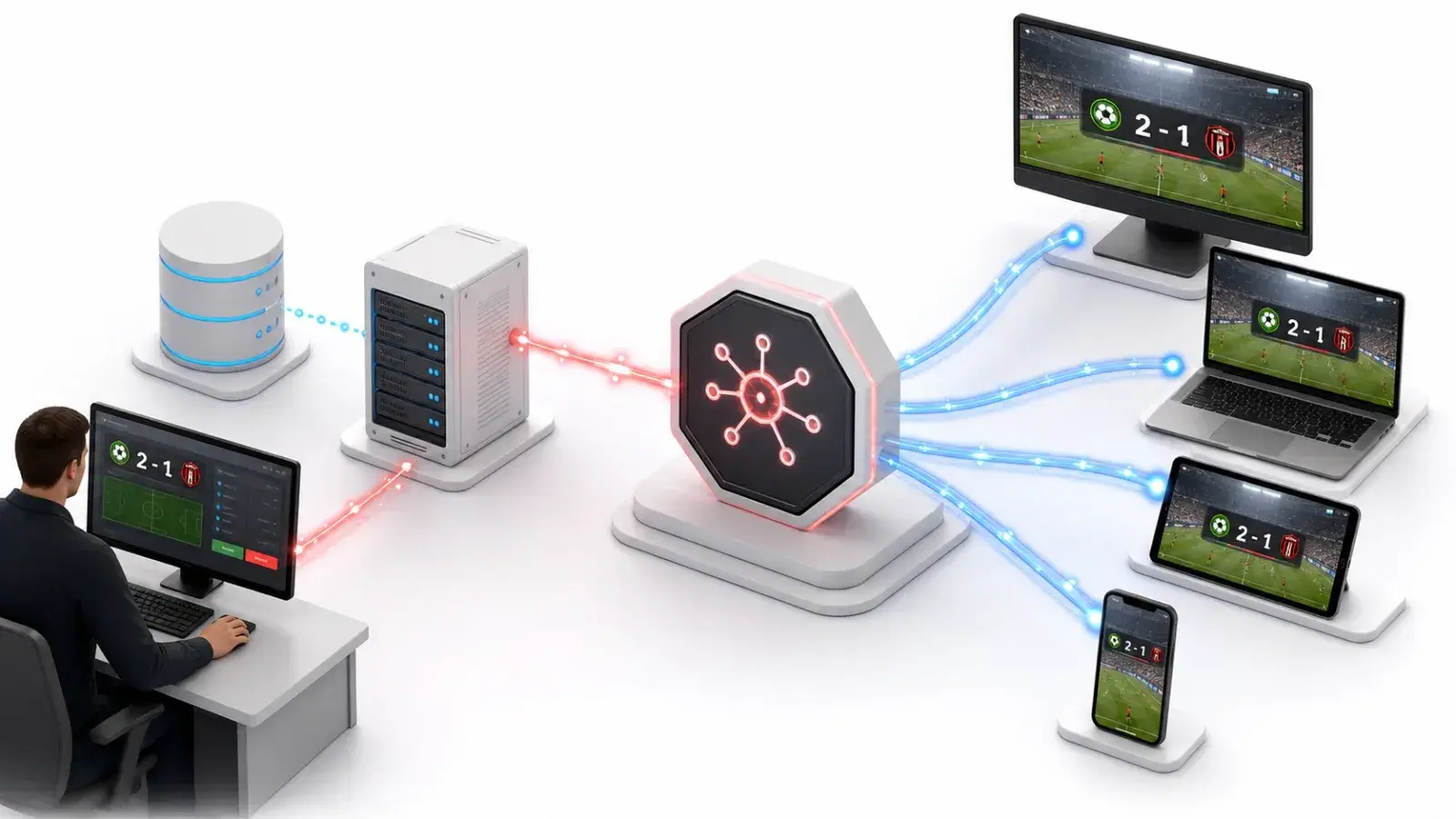 Luồng dữ liệu từ database qua Laravel Reverb đến nhiều màn hình bảng tỷ số